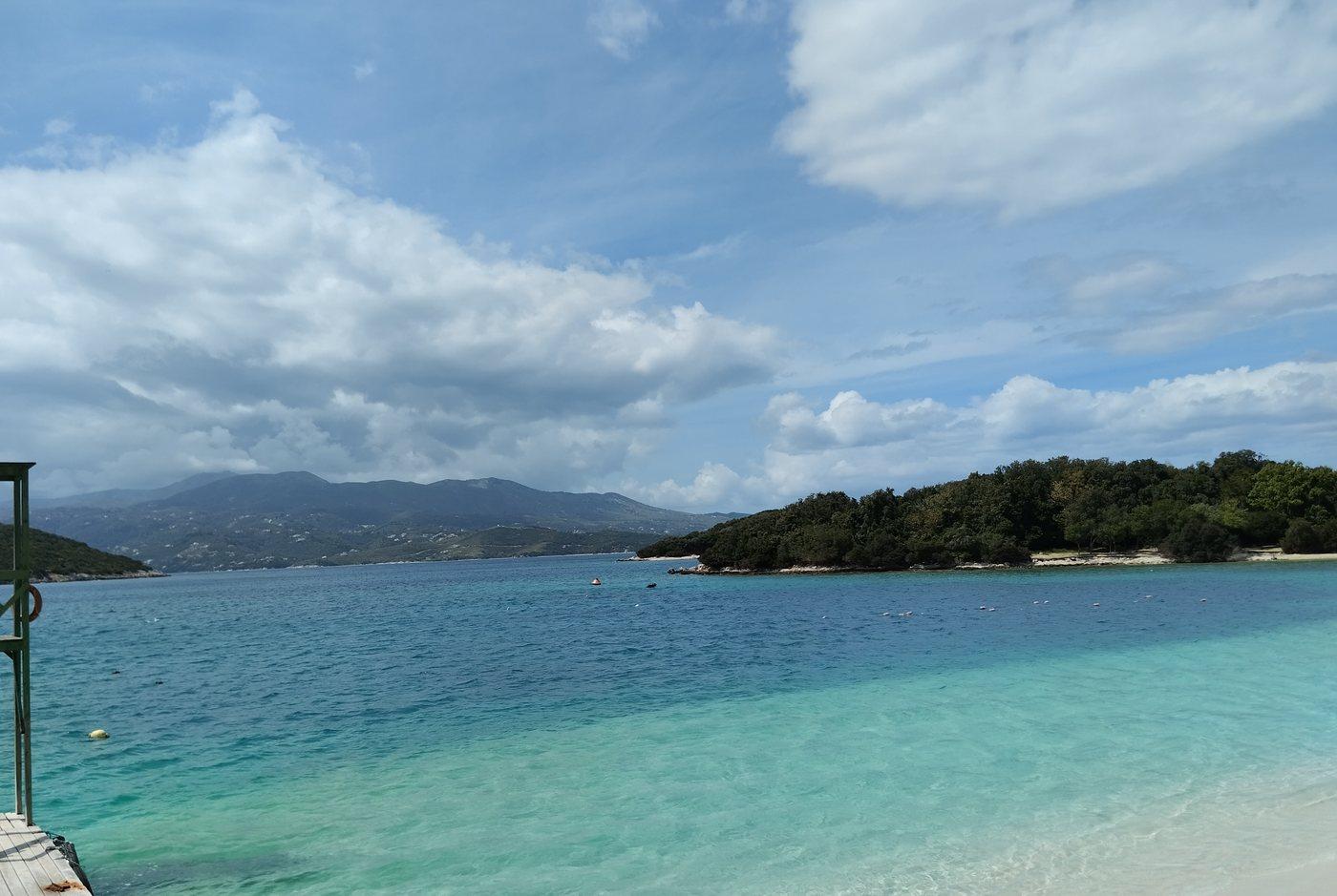 Ksamil beach with white sand and turquoise Ionian water, Albania